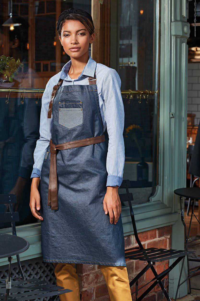 Epic Label Tabliers Premier Workwear Pr136 Division Waxed Look Denim Bib Tablier With Faux Leather